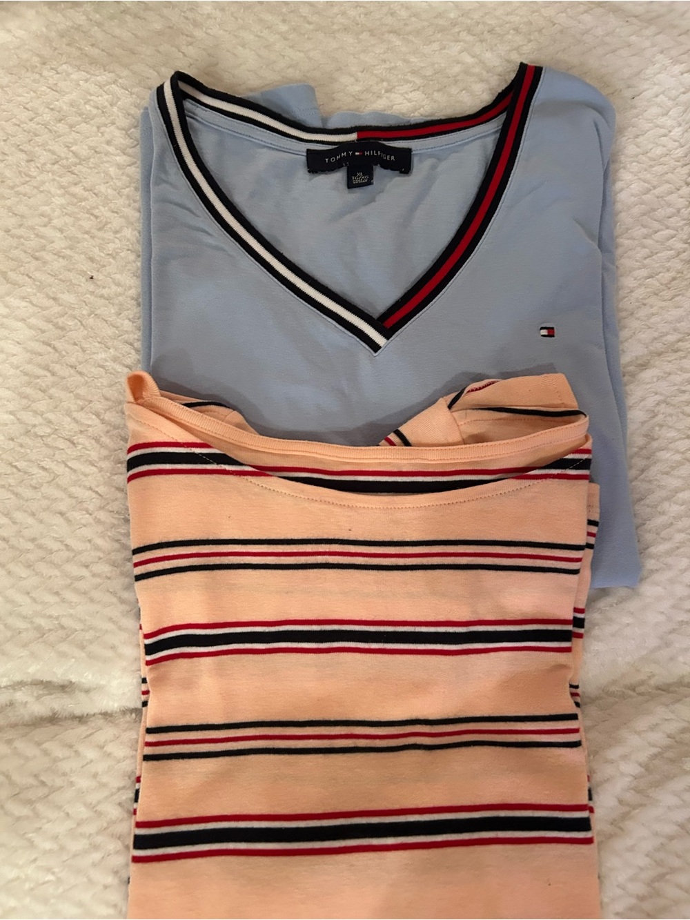 Tommy Hilfiger Light Blue V-Neck Tee & Peach Striped Short Sleeve Top